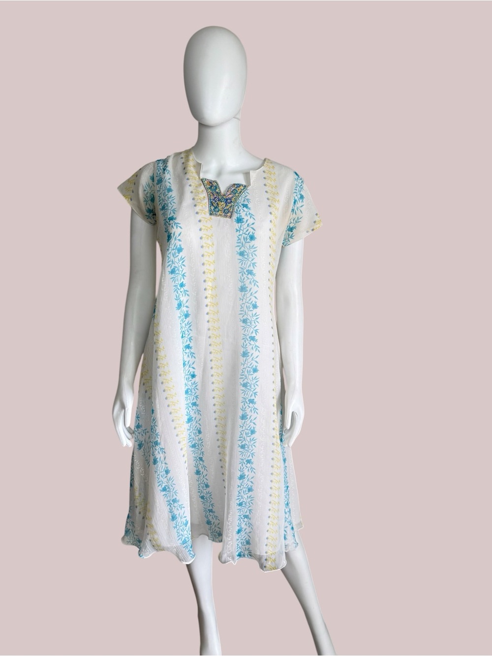 White Blue Floral Maxi Dress Flutter Sleeve Embroidered Neck